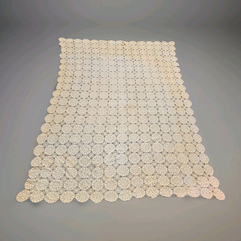Hand Crochet Lace Tablecloth Ecru 70”x100" Scalloped Edge Antique Bedspread